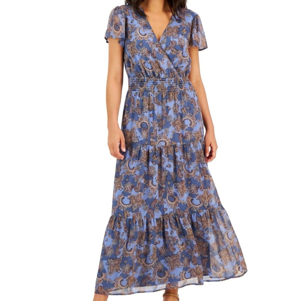 Tinsel Petite Print Short-Sleeve Paisley Colorful Maxi Dress Blue PM Medium